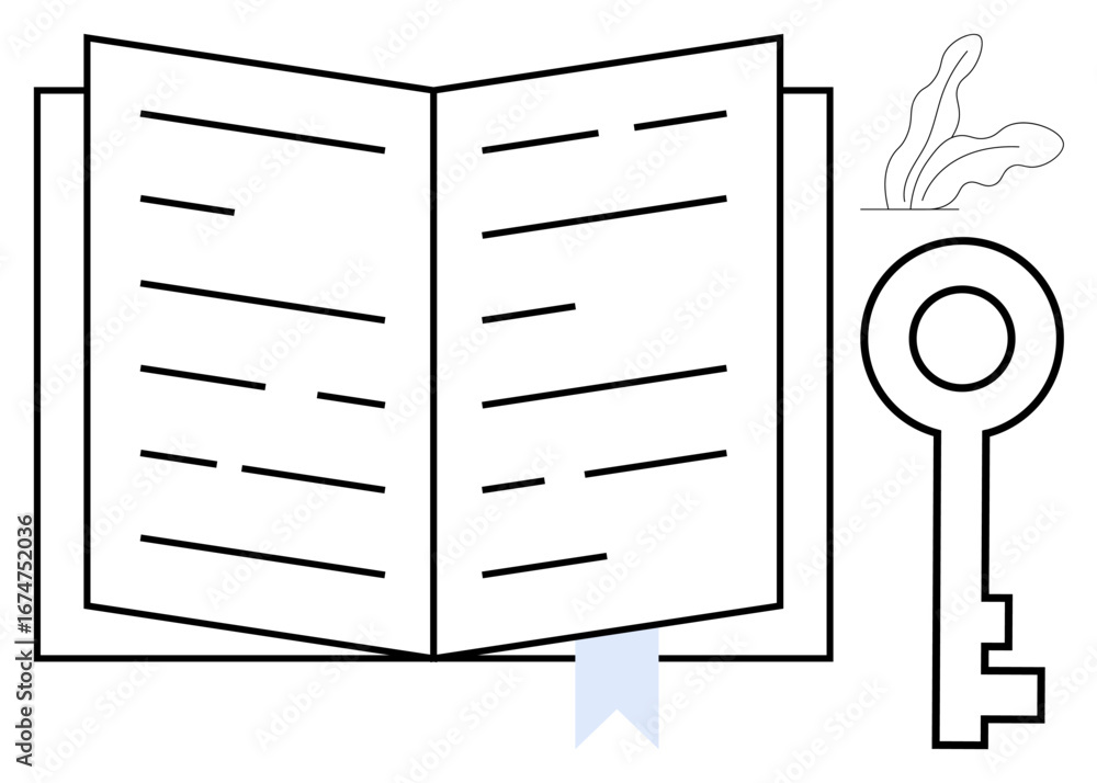 Poster open book with lines symbolizing text, key suggesting unlocking knowledge or solutions, ribbon bookm