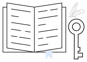 Open book with lines symbolizing text, key suggesting unlocking knowledge or solutions, ribbon bookmark for focus, decorative leaves for growth. Ideal for education, creativity, inspiration