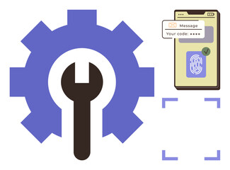 Gear and wrench symbolizing technology setup, smartphone with OTP and fingerprint scanning. Ideal for security, biometrics, authentication, software development, technical support, IT services