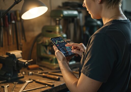 Person checking stock market data on a phone in a workshop setting.