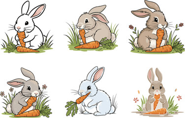Cute rabbits eating carrots, cartoon bunny illustration, multiple poses, animal clipart, farm pet vector, Easter design, children’s graphic, wildlife drawing, grassy background artwork