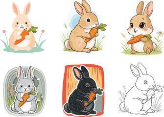 Cute rabbits holding carrots, multiple art styles, animal clipart, cartoon bunny illustration, farm pet vector, Easter design, children’s graphic, wildlife drawing, colorful background artwork