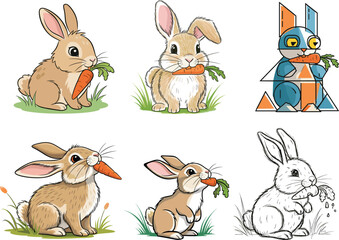 Rabbits eating carrots in various artistic styles, cute animal vector illustration set, realistic, cartoon, abstract, black and white sketch, creative pet design