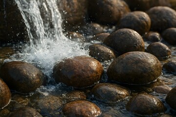 A close-up of a gushing waterfall with rocks in a river, showcasing the power and tranquility of nature.