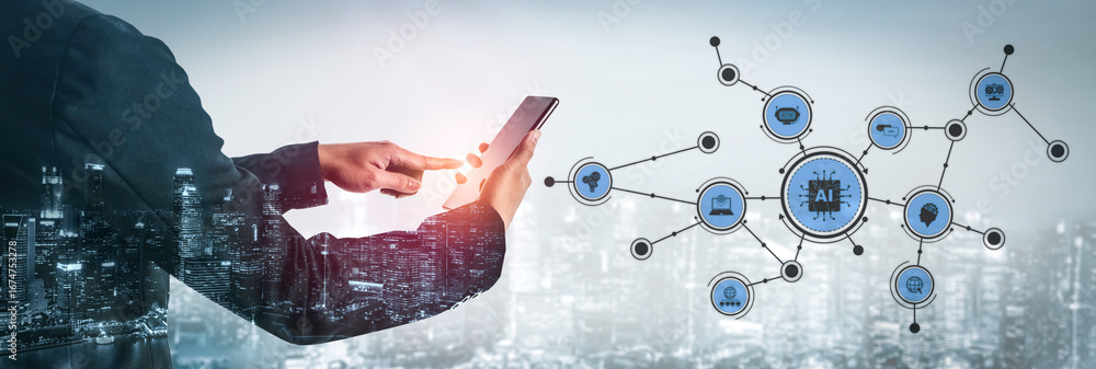 Poster a person engages with a smartphone while surrounded by visual representations of artificial intellig