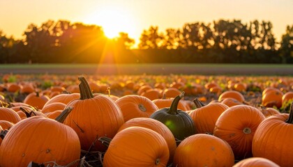 A vast pumpkin patch with numerous orange gourds ready for harvest, bathed in the warm golden light of a setting sun