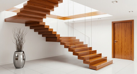 Sleek floating wooden stairs with a glass railing create a focal point in a bright home.
