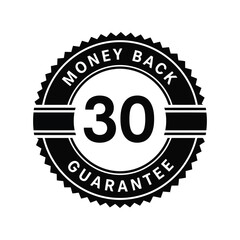 Black and white '30 Day Money Back Guarantee' label badge with ribbon, vector seal