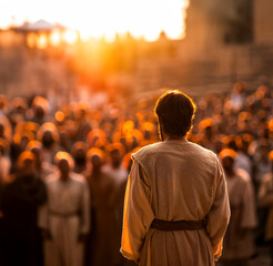 Apostle Paul preaching to a gathered crowd at sunrise