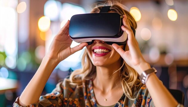 Cheerful woman with a bright smile fully immersed in a captivating virtual reality simulation using a modern headset