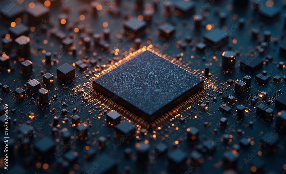 Aufkleber a glowing central microchip powers intricate digital circuitry. tiny components emit warm light on a