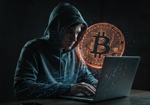 A hooded figure uses a laptop with a Bitcoin graphic, possibly engaging in cryptocurrency activity.