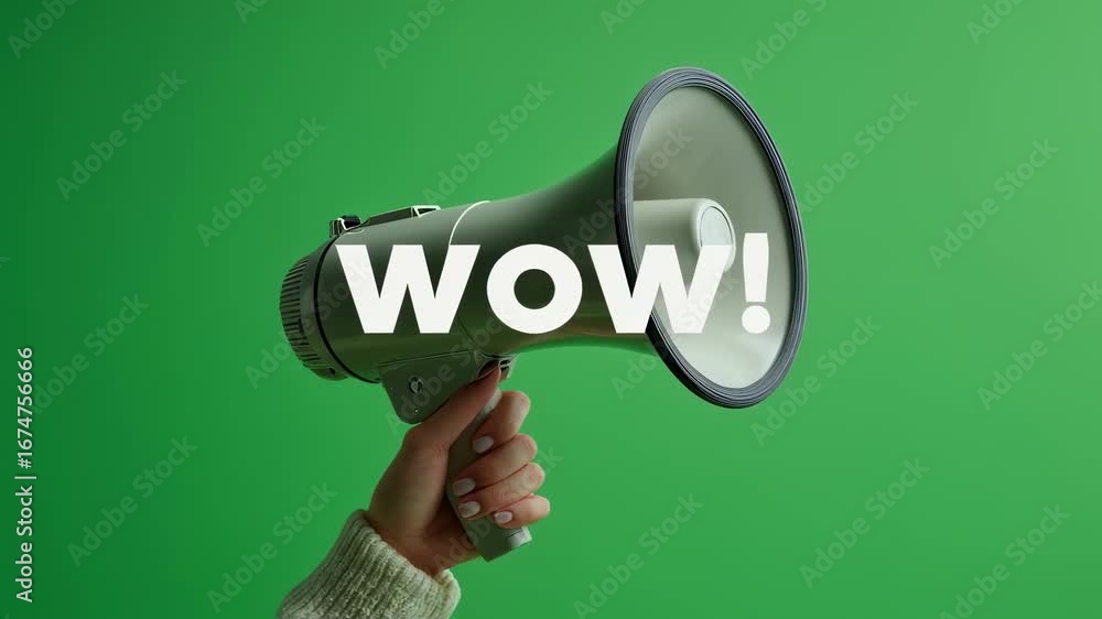 Poster hand gripping megaphone displaying wow text against green screen backdrop, representing dynamic mark