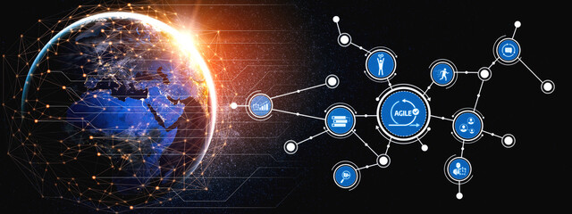 This image showcases a visual representation of global connectivity, combining Earth imagery with symbols representing business, technology, and communication innovations. Tessel