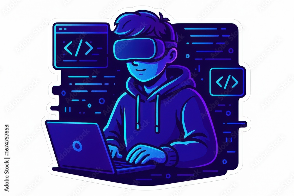 Poster young developer engaging with virtual reality technology while coding and analyzing data in a futuri