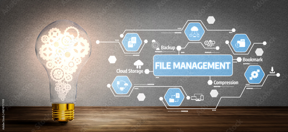 Poster illuminating concept of file management with a light bulb filled with gears, representing innovative