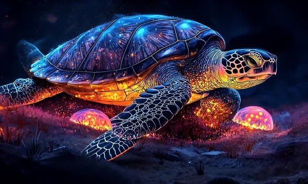 Glowing turtle on a vibrant, otherworldly landscape