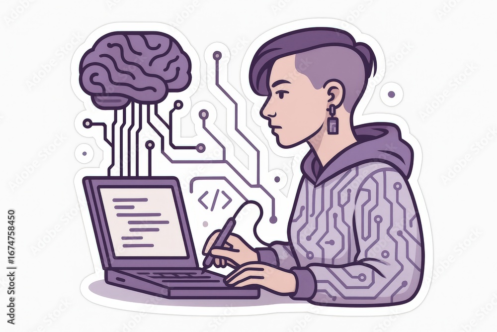 Poster a thoughtful individual immersed in coding activity merging human intellect with machine learning co