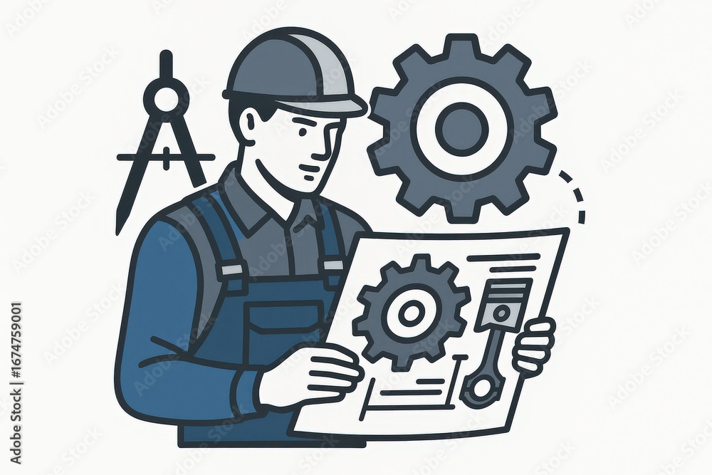 Aufkleber skilled technician reviewing engineering blueprints alongside precision gears and drafting tools sho