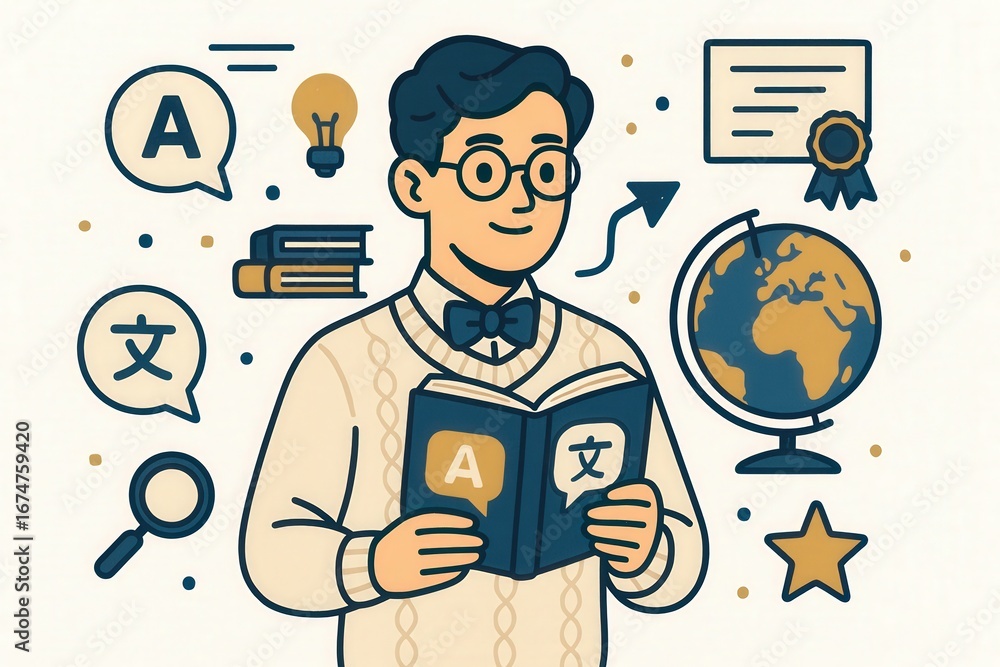 Poster a dedicated language learner exploring the world of multilingualism through books, global connection