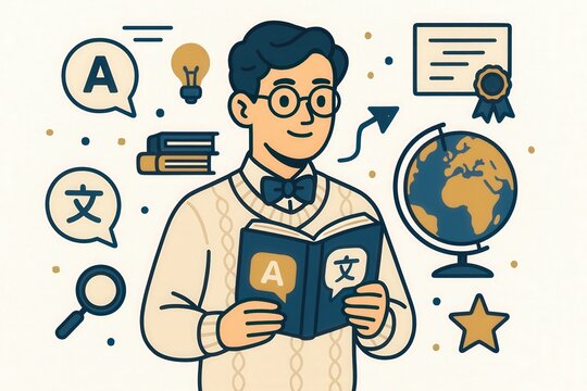 A dedicated language learner exploring the world of multilingualism through books, global connections, and innovative ideas in a vibrant educational setting captured with clarity