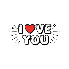 Hand-drawn 'I love you' message with heart and sparkles, doodle style, romantic vector design