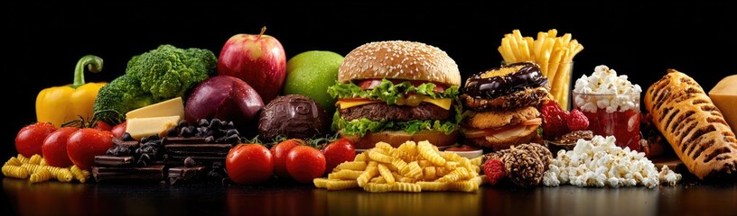 Assorted food items, including fruits, vegetables, processed foods, and fast food