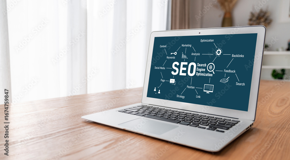 Poster seo search engine optimization for modish e-commerce and online retail business showing on computer 