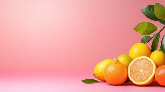 Citrus fruits on pink background copy space
