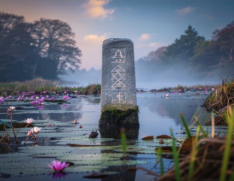 Mysterious standing stone inscribed with runes emerges from eerie swamp fog