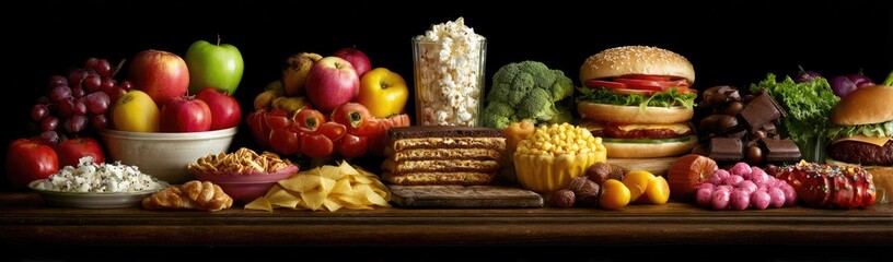 Colorful array of healthy and unhealthy foods
