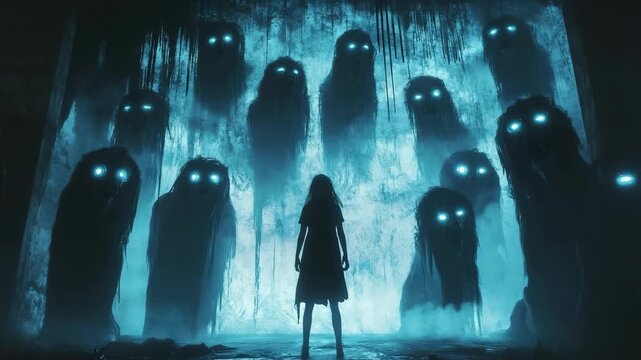 A female figure stands in dark foreboding scene, surrounded shadowy silhouettes, immersing onlookers eerie atmosphere filled mysterious energy and unsettling horror elements, heightening the suspense