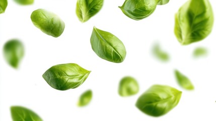 Obraz premium Falling basil leaves on white background
