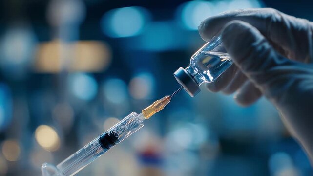 Focused medium shot on monoclonal antibody cocktail syringe being prepared for subcutaneous injection with softly outoffocus epidemic treatment room.