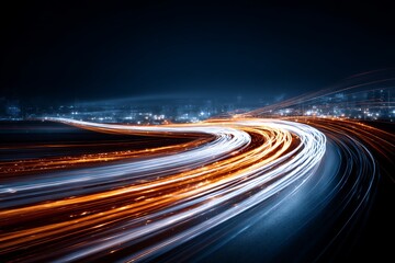 Night Cityscape with Vehicle Light Trails on Curved Road