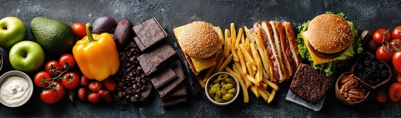 Fruits, vegetables, chocolate, fast food, and desserts laid out on a dark surface