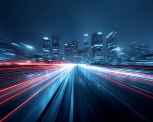 Night Highway and City Skyline with Light Trails
