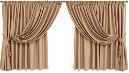 Luxurious beige drapes elegantly pulled back with decorative tiebacks and tassels, showcasing a sophisticated window treatment perfect for interior design and residential decor projects