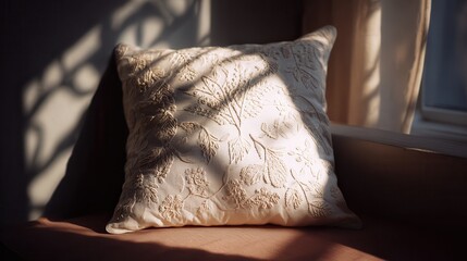 Warm sunlight casts intricate shadows on a textured cushion with delicate embroidery, creating a cozy atmosphere in a softly lit room