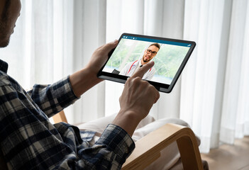 Doctor video call online by modish telemedicine software application for virtual meeting with...