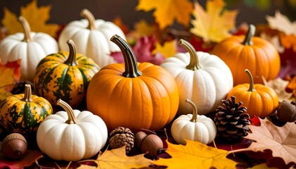 Autumnal pumpkins and leaves