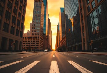 Sunrise Cityscape Empty Street Between Skyscrapers at Dawn