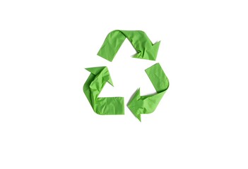 A green crumpled paper recycling symbol with three chasing arrows, isolated on a white background, representing sustainability and environmental conservation