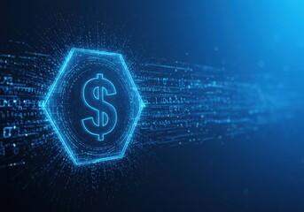 A digital dollar sign glows in a futuristic hexagon, representing financial technology