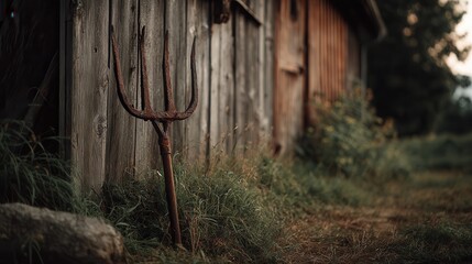 Rustic farming scene with an old pitchfork leaning against a weathered barn in the golden hour of dusk