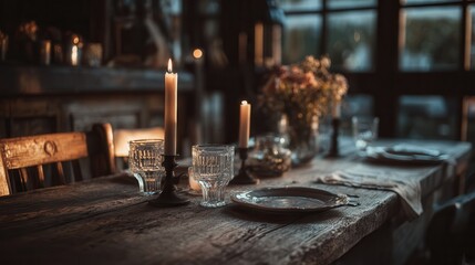 Elegant candlelit dinner setting with rustic decor in a cozy indoor space during twilight hours