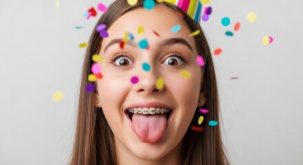 Shocked Funny Celebration with Confetti Joyful Teen's Moment with Party Hat and Braces