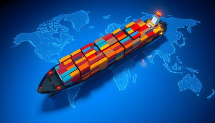 Fototapeta premium A cargo ship loaded with containers sails across a blue world map, symbolizing global trade.