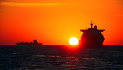 Obraz premium Two ships silhouetted against a vibrant orange sunset over the ocean.
