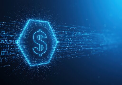 A digital dollar sign glows in a futuristic hexagon, representing financial technology